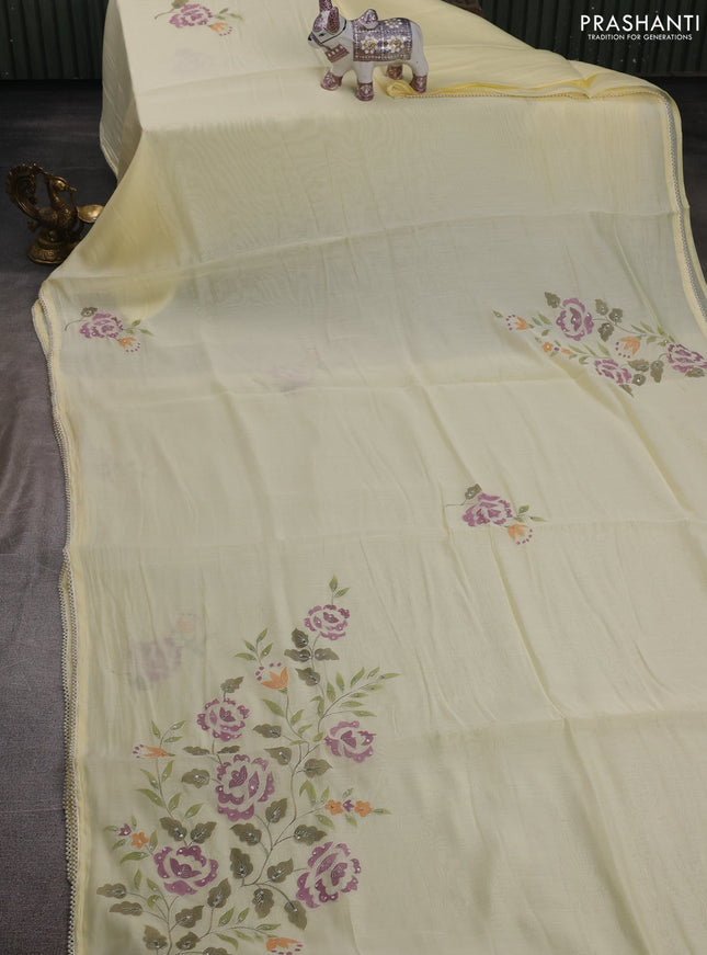 Pale Yellow Mul Chanderi Saree - Embroidery