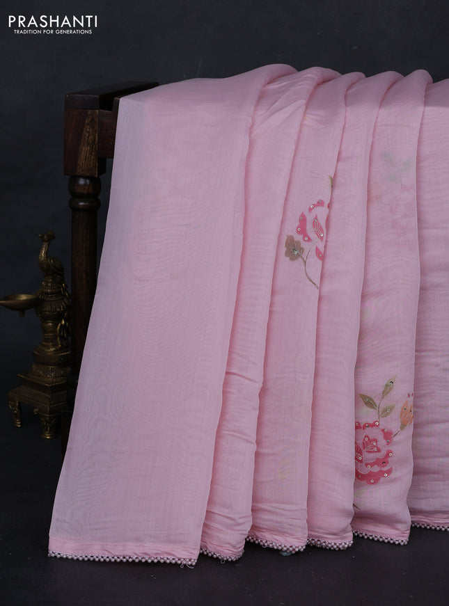 Pastel Pink Mul Chanderi Saree - Embroidery