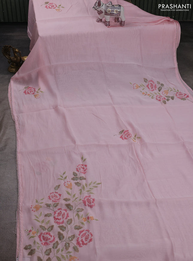 Pastel Pink Mul Chanderi Saree - Embroidery