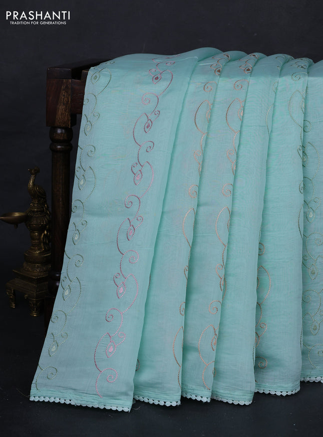 Teal Blue Mul Chanderi Saree - Embroidery