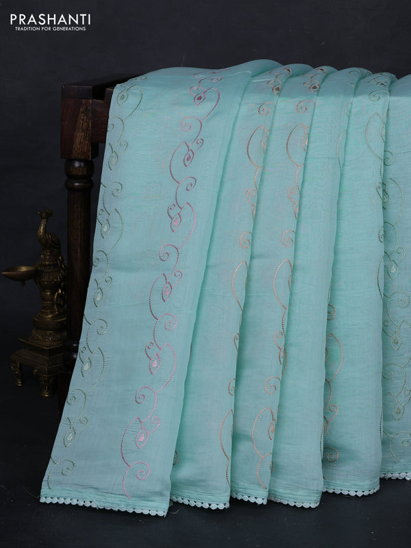 Teal Blue Mul Chanderi Saree - Embroidery