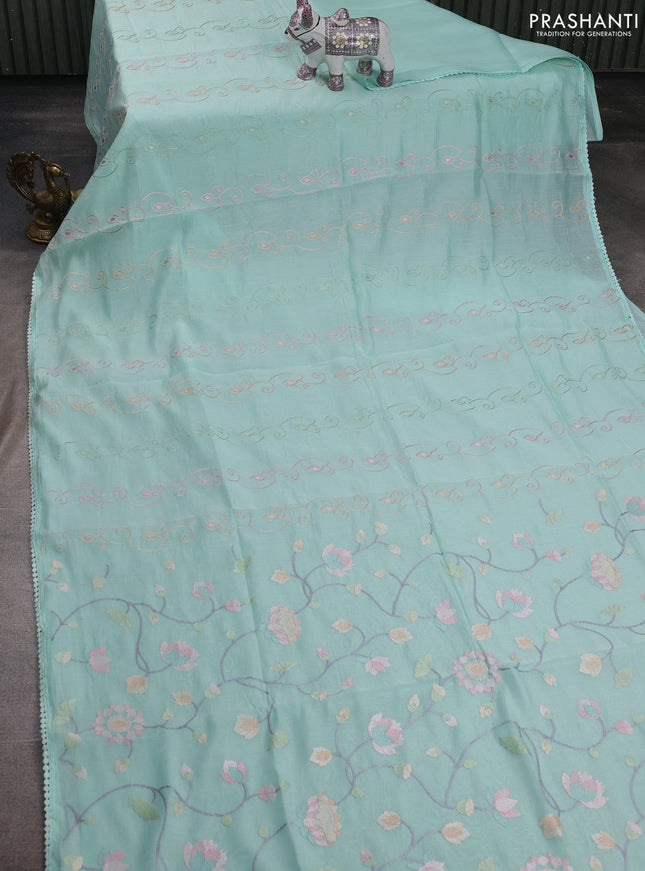 Teal Blue Mul Chanderi Saree - Embroidery