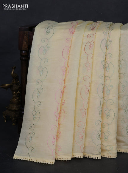 Pale Yellow Mul Chanderi Saree - Embroidery