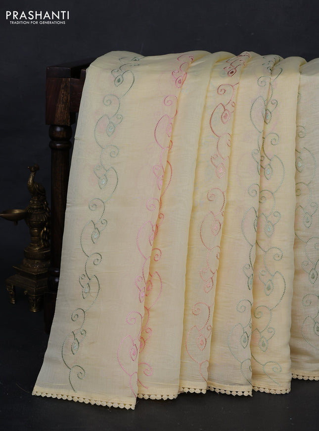 Pale Yellow Mul Chanderi Saree - Embroidery
