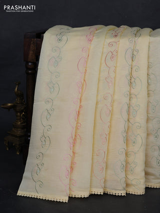 Pale Yellow Mul Chanderi Saree - Embroidery