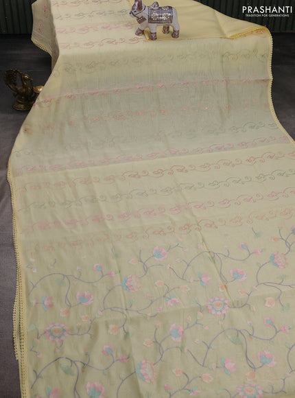 Pale Yellow Mul Chanderi Saree - Embroidery