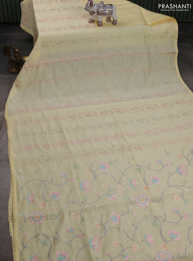 Pale Yellow Mul Chanderi Saree - Embroidery