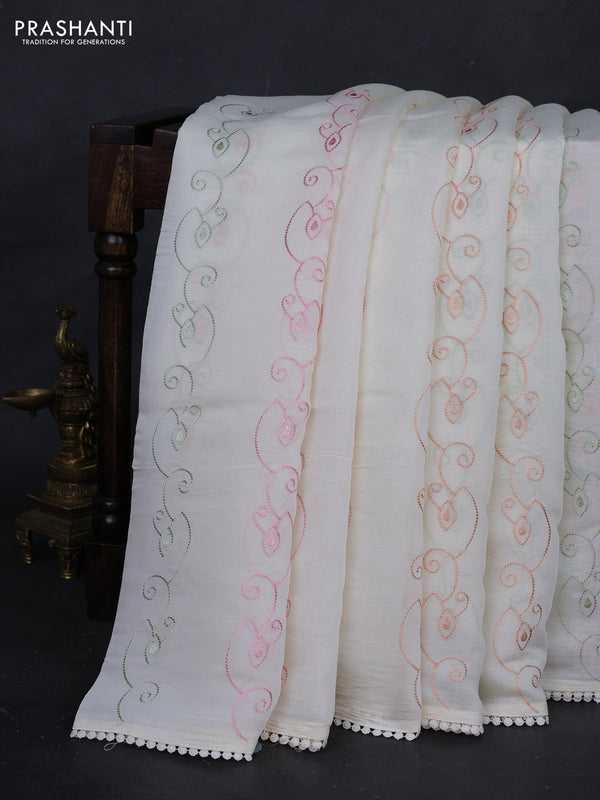 Cream Mul Chanderi Saree - Embroidery
