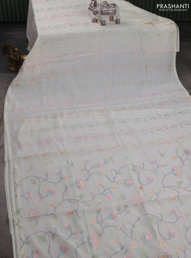 Cream Mul Chanderi Saree - Embroidery