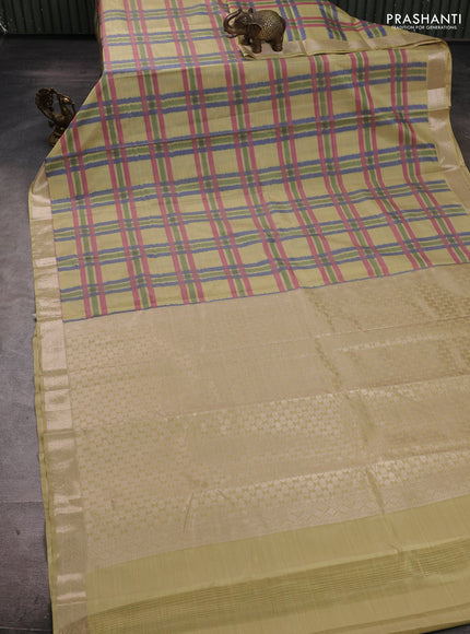 Bangalori silk saree elaichi green with allover ikat weaves and zari woven border