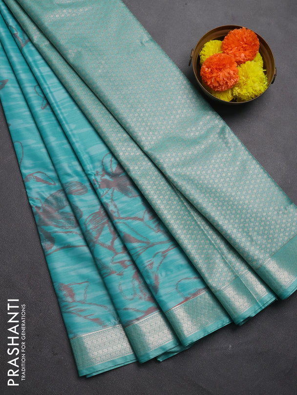 Bangalori silk saree teal green with allover ikat weaves and zari woven border