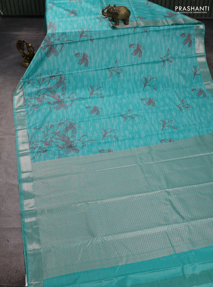 Bangalori silk saree teal green with allover ikat weaves and zari woven border