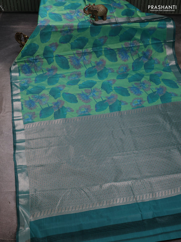Bangalori silk saree green shade with allover ikat weaves and zari woven border