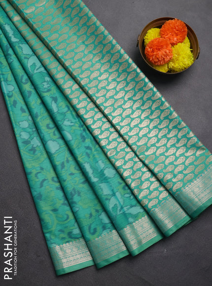 Bangalori silk saree teal green with allover ikat weaves and zari woven border