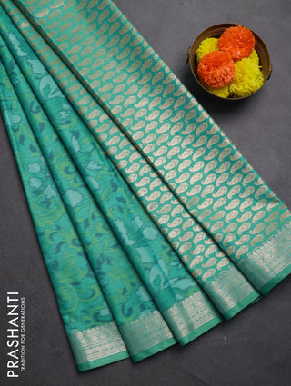 Bangalori silk saree teal green with allover ikat weaves and zari woven border