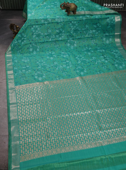 Bangalori silk saree teal green with allover ikat weaves and zari woven border