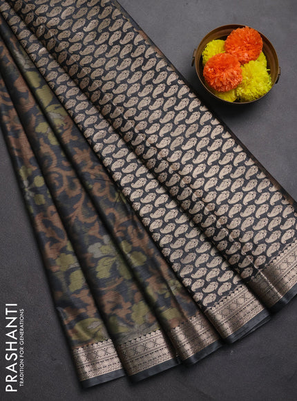 Bangalori silk saree dark grey with allover ikat weaves and zari woven border
