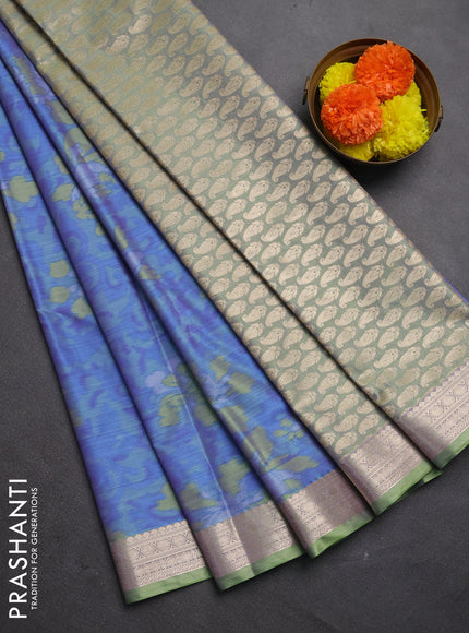 Bangalori silk saree teal blue and pista green with allover ikat weaves and zari woven border