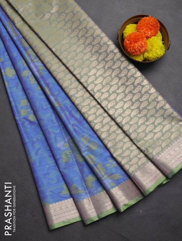 Bangalori silk saree teal blue and pista green with allover ikat weaves and zari woven border
