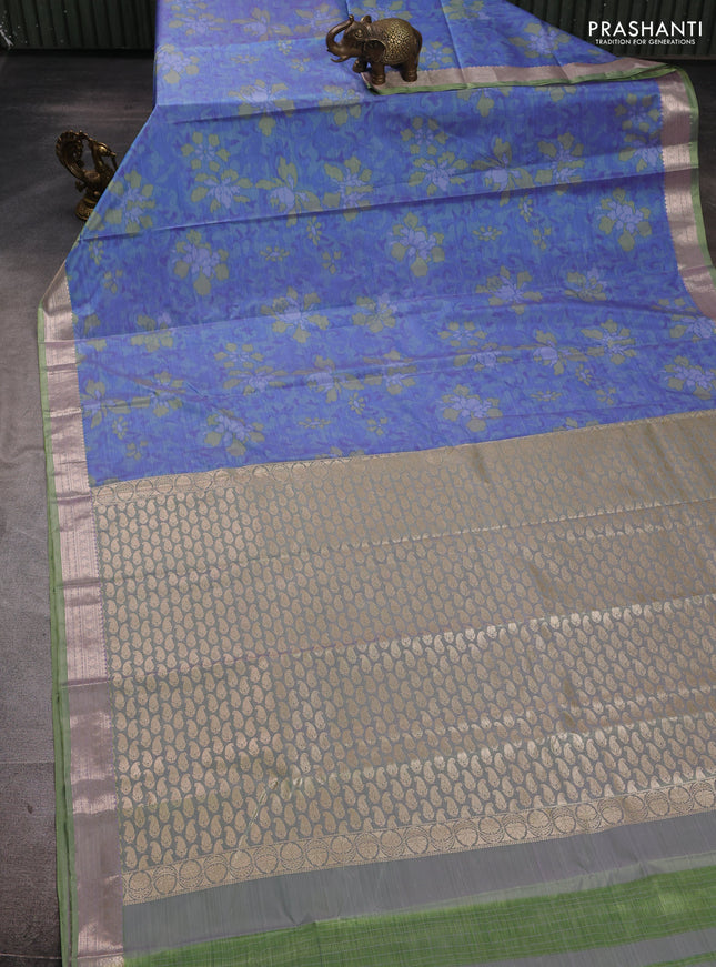 Bangalori silk saree teal blue and pista green with allover ikat weaves and zari woven border