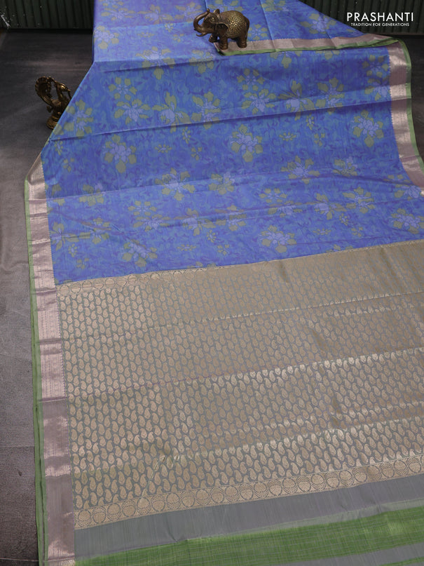Bangalori silk saree teal blue and pista green with allover ikat weaves and zari woven border