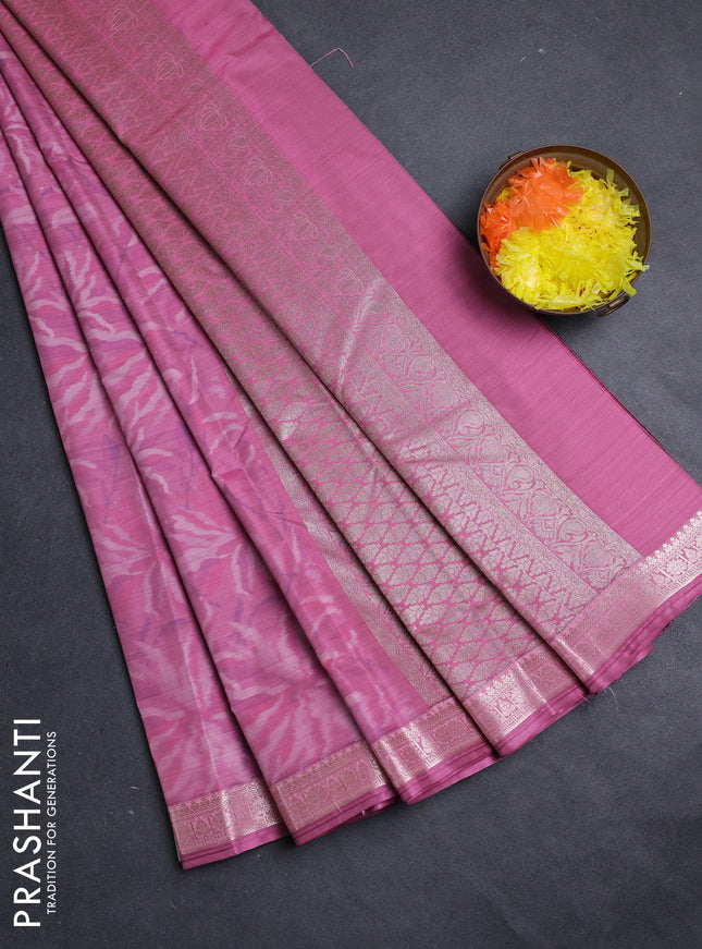 Bangalori silk saree peach pink with allover ikat weaves and zari woven border