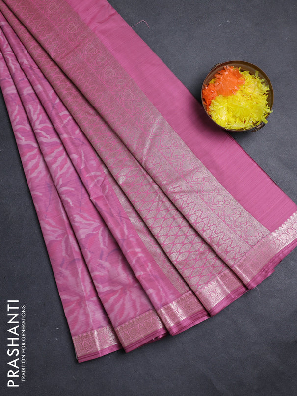 Bangalori silk saree peach pink with allover ikat weaves and zari woven border
