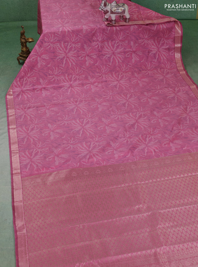 Bangalori silk saree peach pink with allover ikat weaves and zari woven border