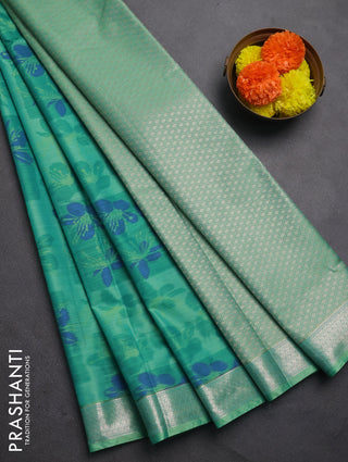 Bangalori silk saree teal green with allover ikat weaves and zari woven border