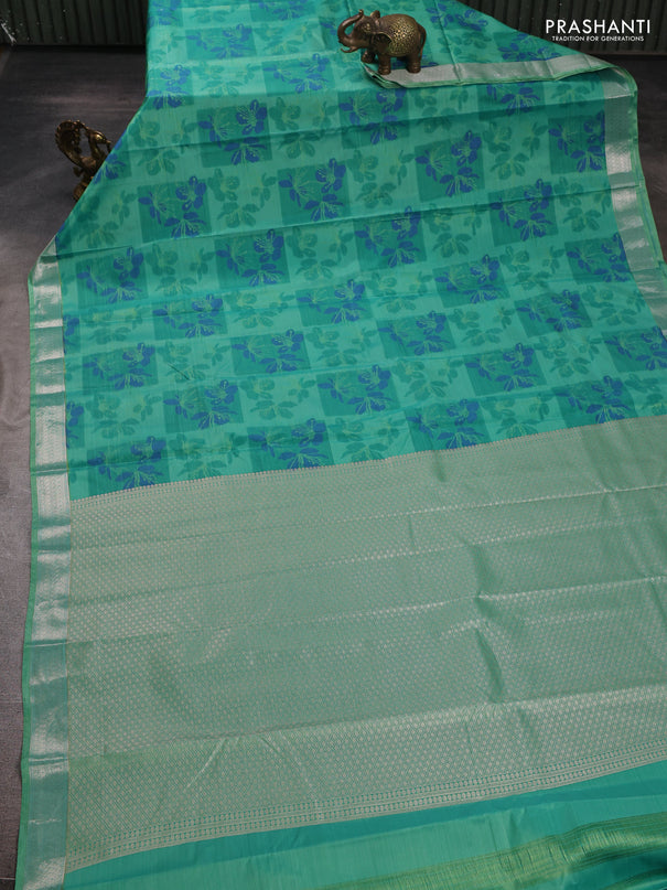 Bangalori silk saree teal green with allover ikat weaves and zari woven border