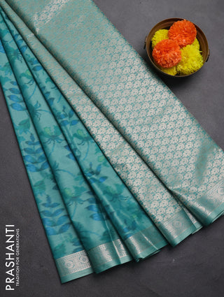 Bangalori silk saree green shade with allover ikat weaves and zari woven border