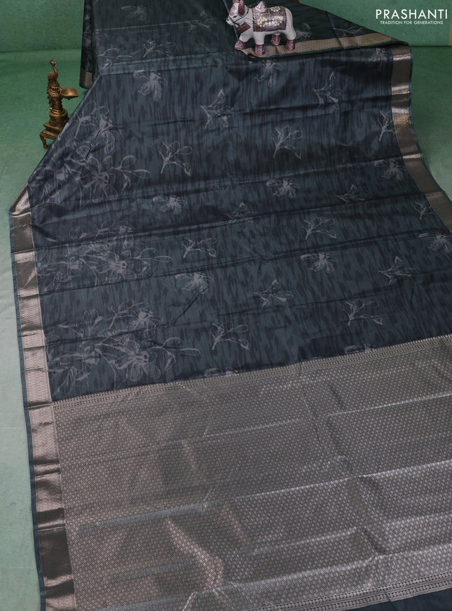 Bangalori silk saree greyish green with allover ikat weaves and zari woven border