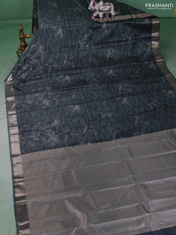 Bangalori silk saree greyish green with allover ikat weaves and zari woven border