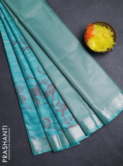 Bangalori silk saree teal blue with allover ikat weaves and zari woven border