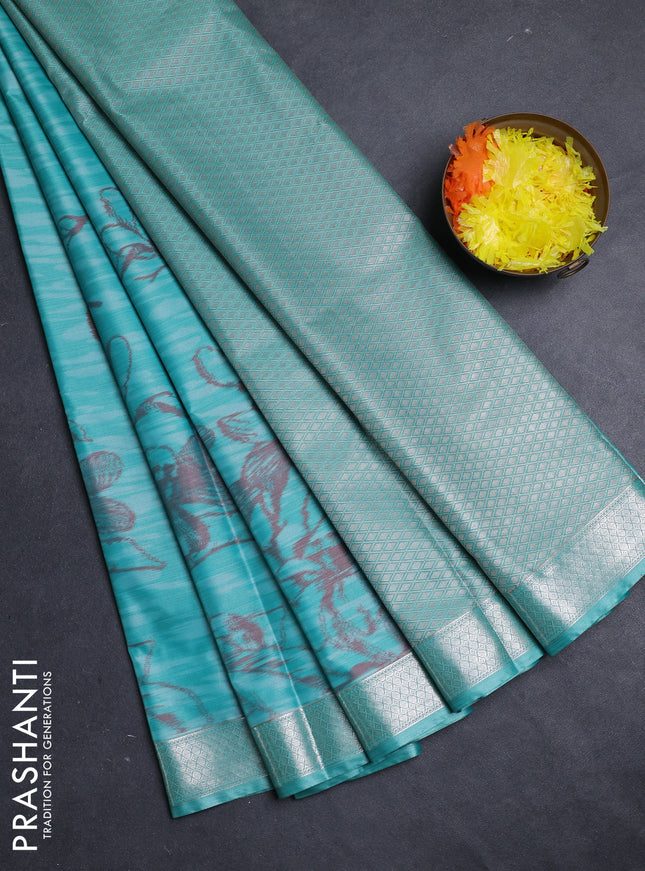 Bangalori silk saree teal blue with allover ikat weaves and zari woven border