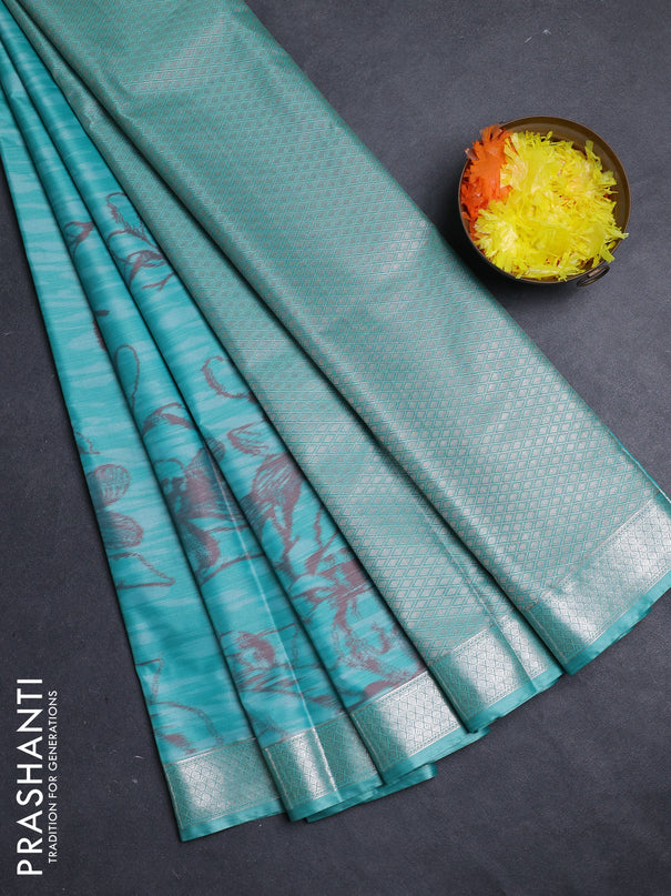 Bangalori silk saree teal blue with allover ikat weaves and zari woven border