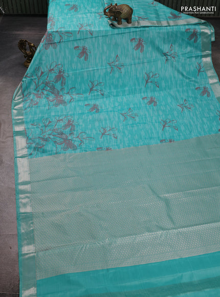 Bangalori silk saree teal blue with allover ikat weaves and zari woven border