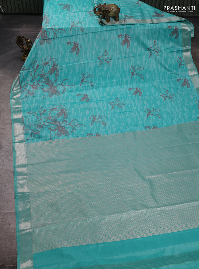 Bangalori silk saree teal blue with allover ikat weaves and zari woven border