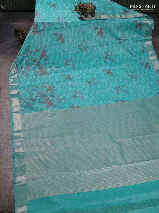 Bangalori silk saree teal blue with allover ikat weaves and zari woven border
