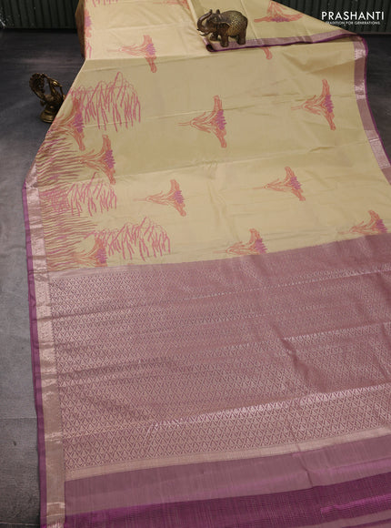 Bangalori silk saree pale yellow with allover ikat weaves and zari woven border