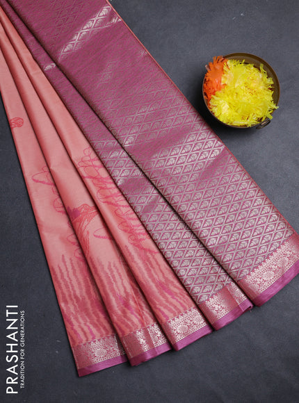 Bangalori silk saree peach shade with allover ikat weaves and zari woven border