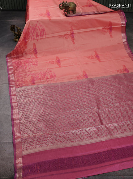 Bangalori silk saree peach shade with allover ikat weaves and zari woven border