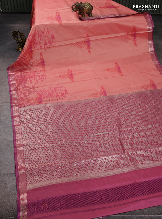 Bangalori silk saree peach shade with allover ikat weaves and zari woven border