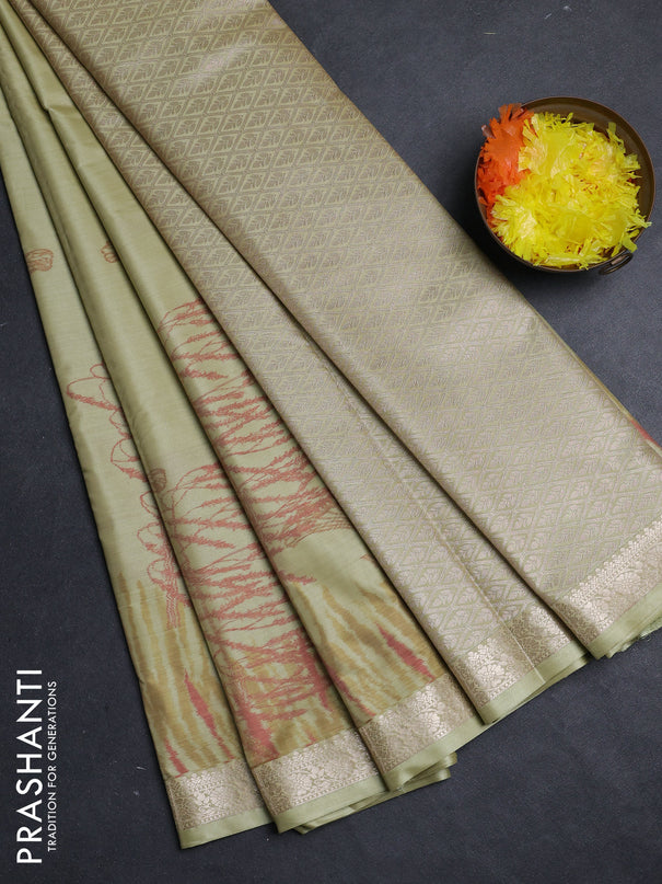 Bangalori silk saree elaichi green with allover ikat weaves and zari woven border