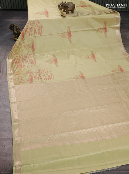 Bangalori silk saree elaichi green with allover ikat weaves and zari woven border