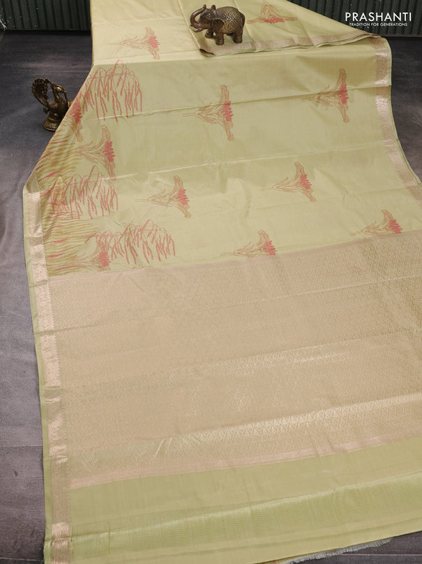 Bangalori silk saree elaichi green with allover ikat weaves and zari woven border