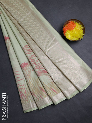 Bangalori silk saree pista green with allover ikat weaves and zari woven border
