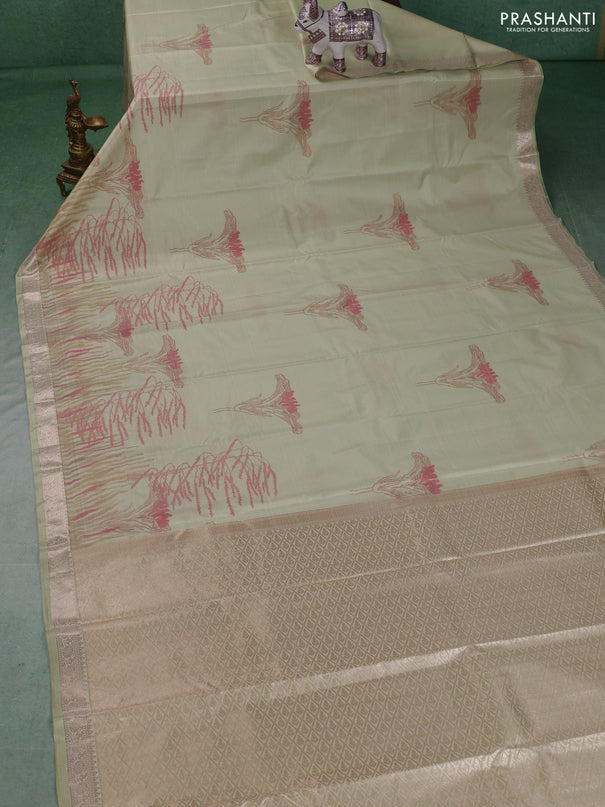 Bangalori silk saree pista green with allover ikat weaves and zari woven border