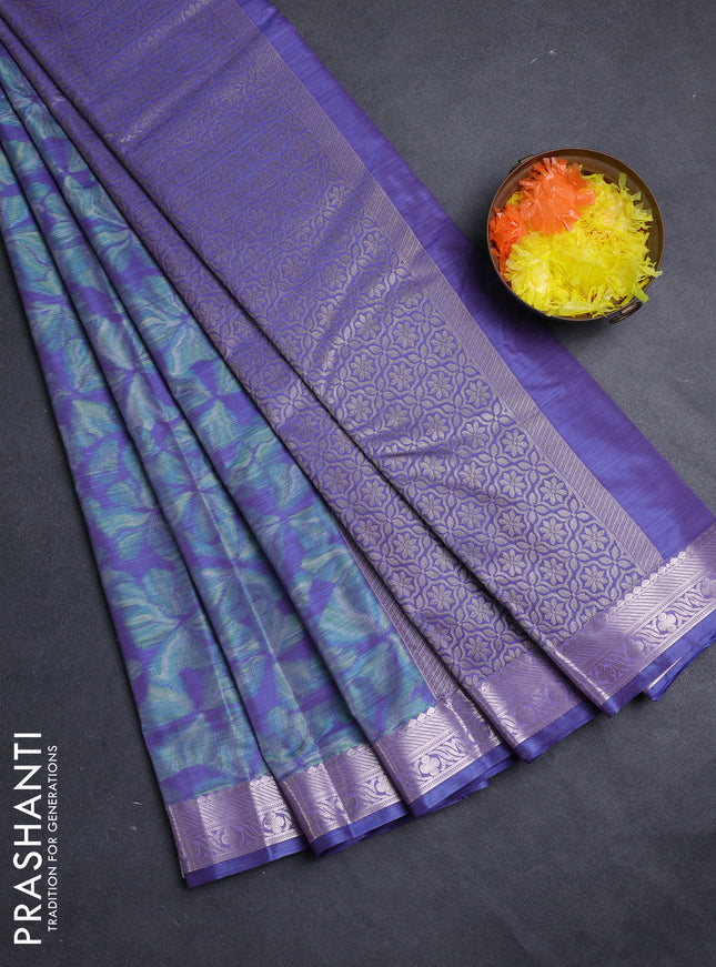 Bangalori silk saree teal blue and lavender with allover ikat weaves and zari woven border