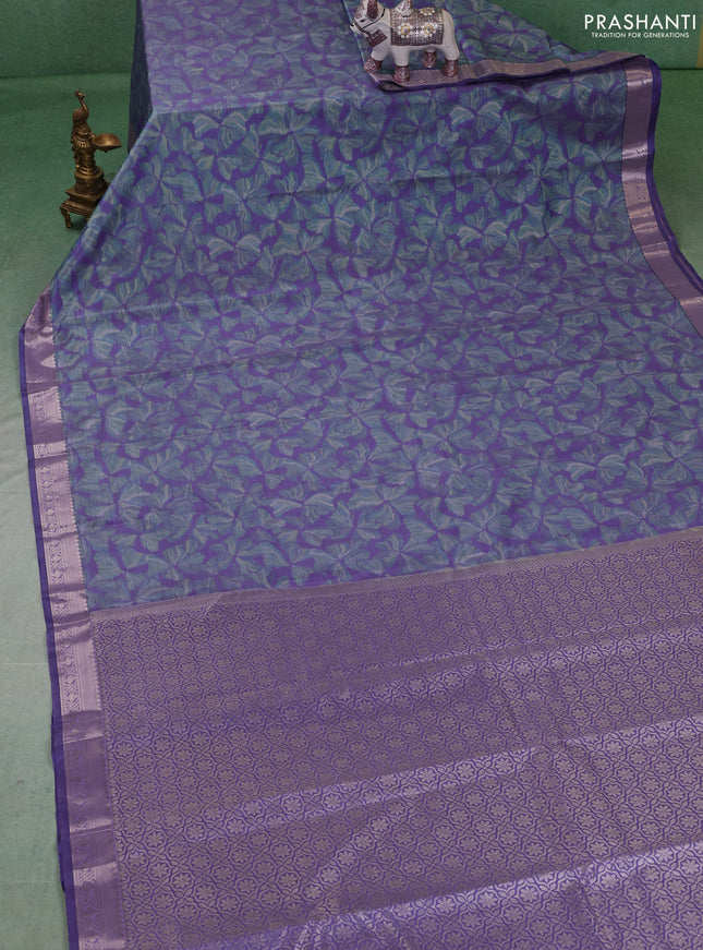 Bangalori silk saree teal blue and lavender with allover ikat weaves and zari woven border